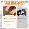 A product image showing a cylindrical knife sharpener and an ordinary grinding stone, highlighting the benefits of using the 