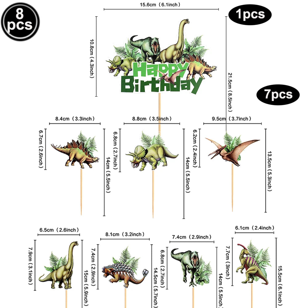 A set of dinosaur-themed birthday cake toppers featuring various dinosaurs and a happy birthday banner.