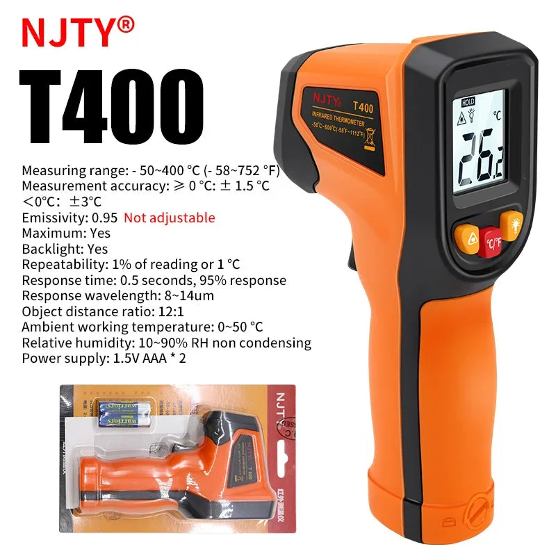 Orange digital infrared thermometer with a black casing and display showing 26.2 degrees.