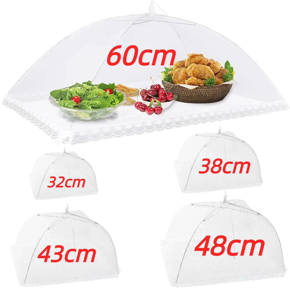 White foldable mesh food and plant protection covers of various sizes, including 60cm, 32cm, 43cm, and 48cm.