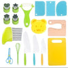 A collection of yellow, green, and blue plastic tools for cutting fruit and cake, including knives, graters, and cutters.