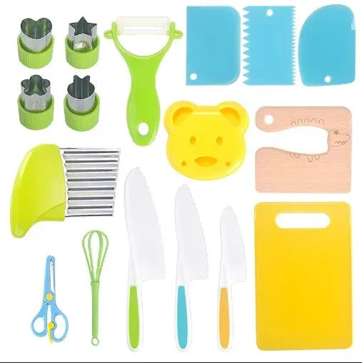 A collection of yellow, green, and blue plastic tools for cutting fruit and cake, including knives, graters, and cutters.