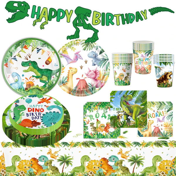 A set of dinosaur theme disposable party decor including a banner, plates, cups, and food items.