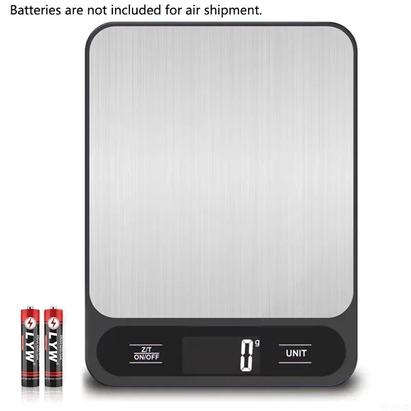 A silver digital kitchen scale with a black base, showing the display set to 0g and unit.
