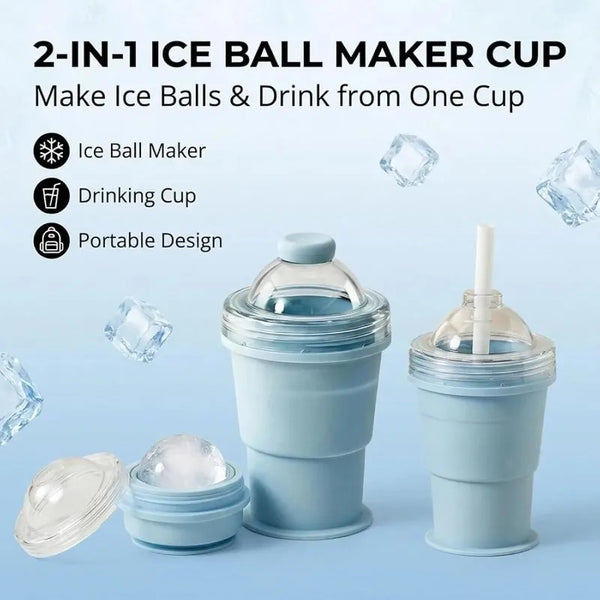 Helle blaue 2-in-1 Eiswürfel-Machen-Tasse mit Eiswürfel und Strohhalm, die Funktion demonstriert.
