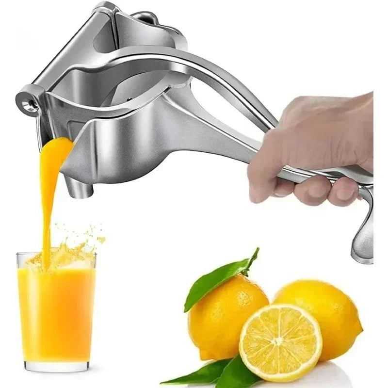 A hand squeezes orange juice from a lemon using a manual citrus juice squeezer.