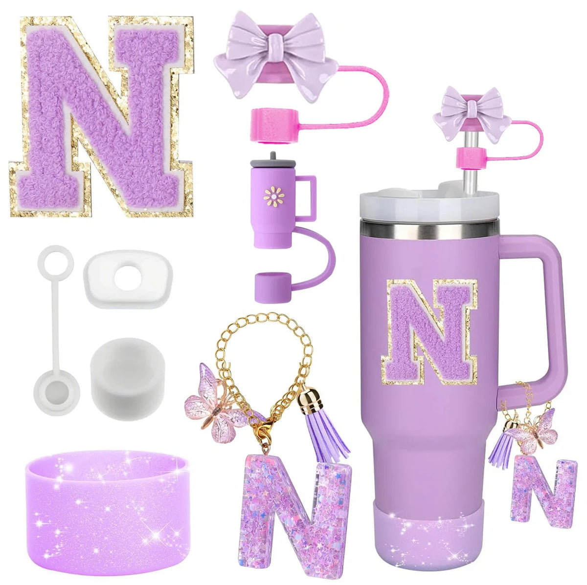 A set of purple glitter silicone straw toppers and accessories for tumblers, including a lid and charm.