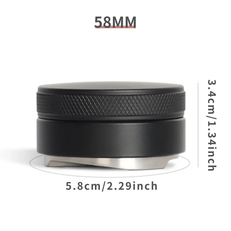 A black precision espresso distribution tool with a 58mm top and a 5.8cm base.