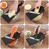 A black vegetable grater tool is shown shredding cabbage and grating potatoes in a glass bowl.