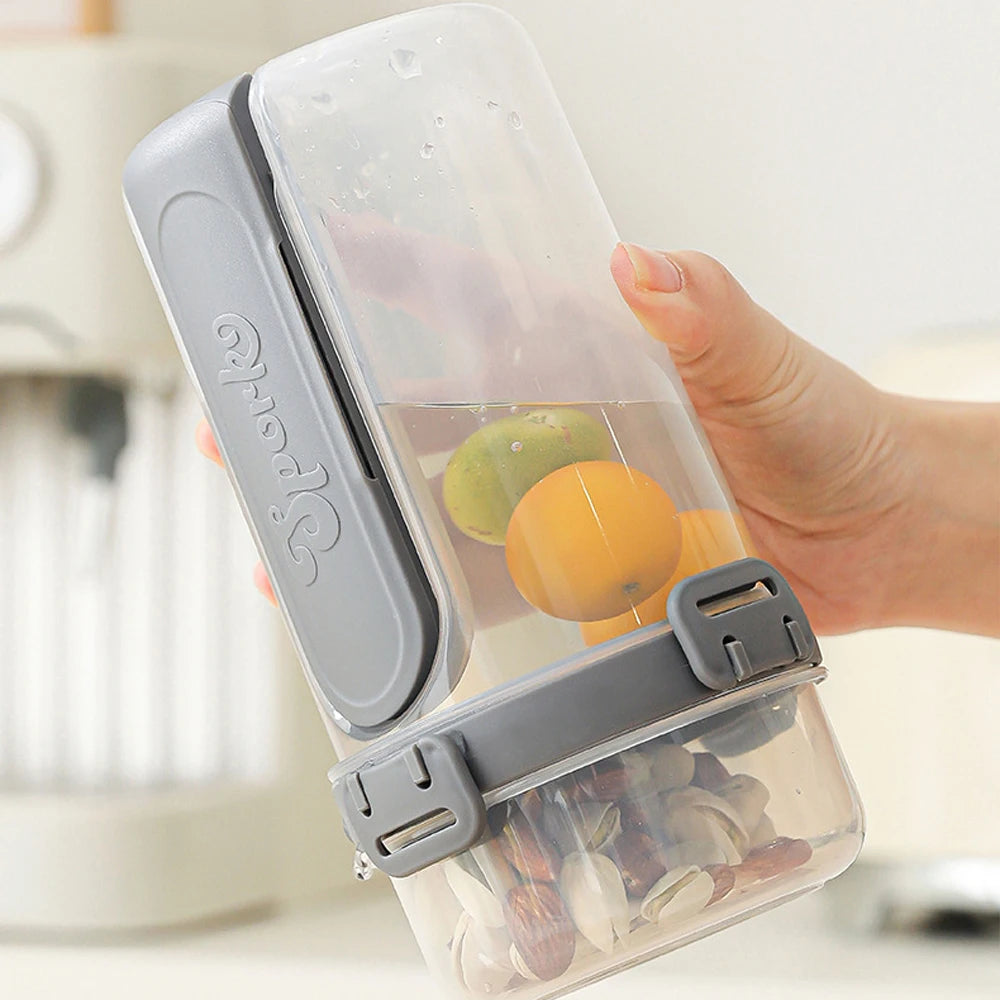 A hand holds a clear reusable container filled with oats and nuts, designed for overnight oats and snacks.