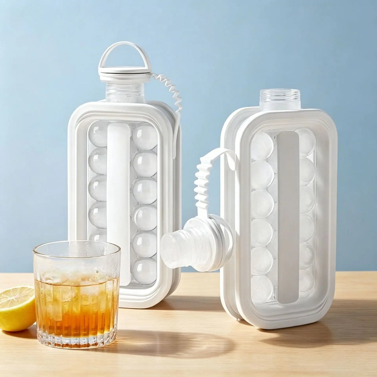 A white portable ice cube maker with a bottle design is shown next to a glass of iced tea and a lemon on a wooden surface.