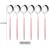 A set of five dinner spoons with black and white bowls and pink handles, shown against a white background.