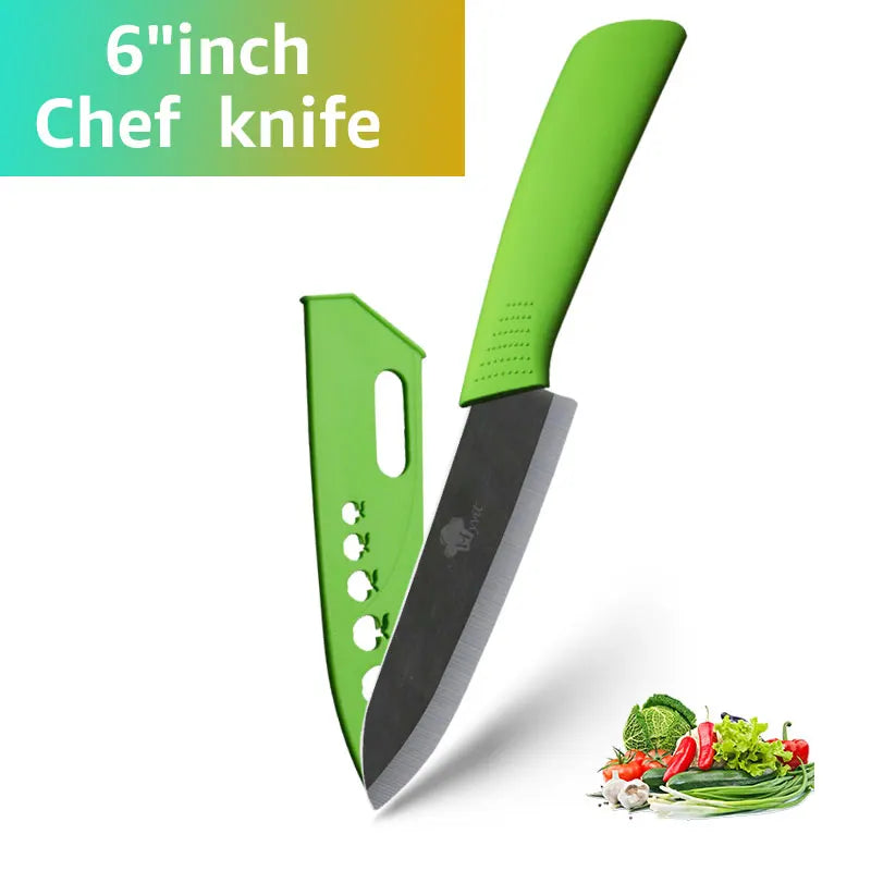 A green chef knife is shown next to fresh vegetables like tomatoes, herbs, and cucumbers.