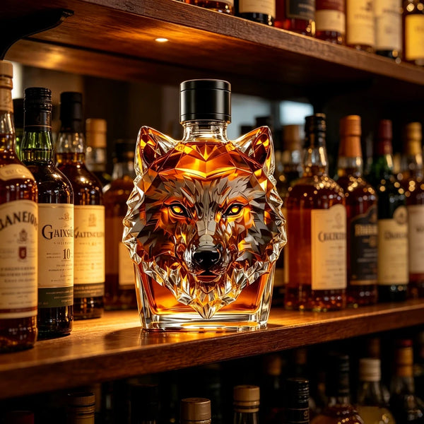 A crystal whiskey decanter shaped like a wolf's head sits on a wooden shelf among other bottles.