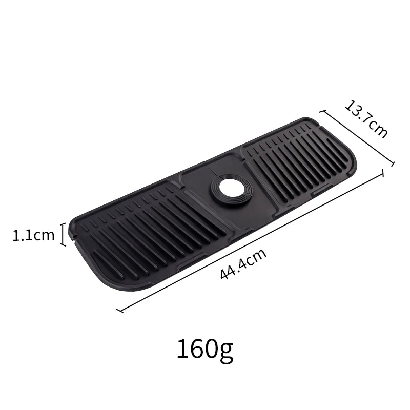 Black silicone sink splash guard mat with ribbed texture and measurements.