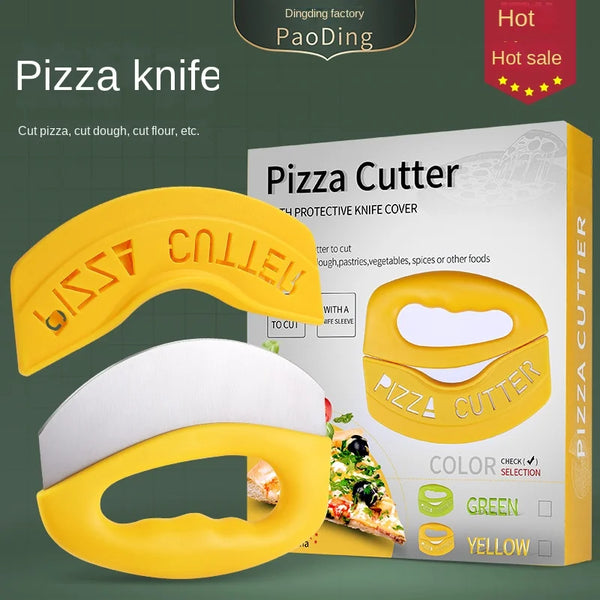 Yellow pizza cutter with protective cover shown next to its packaging.