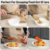 A silicone cooking utensil set is shown scooping food out of jars and into bowls.