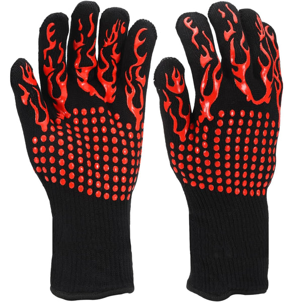 Black heat resistant oven and BBQ mitts with red flame pattern on the palms