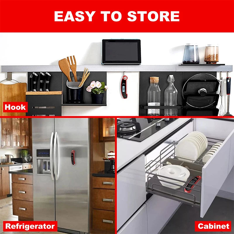 A kitchen display showing an instant digital meat thermometer, a refrigerator, and a cabinet.