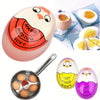 A set of color-changing boiled egg timers showing hard, medium, and soft yolk stages.