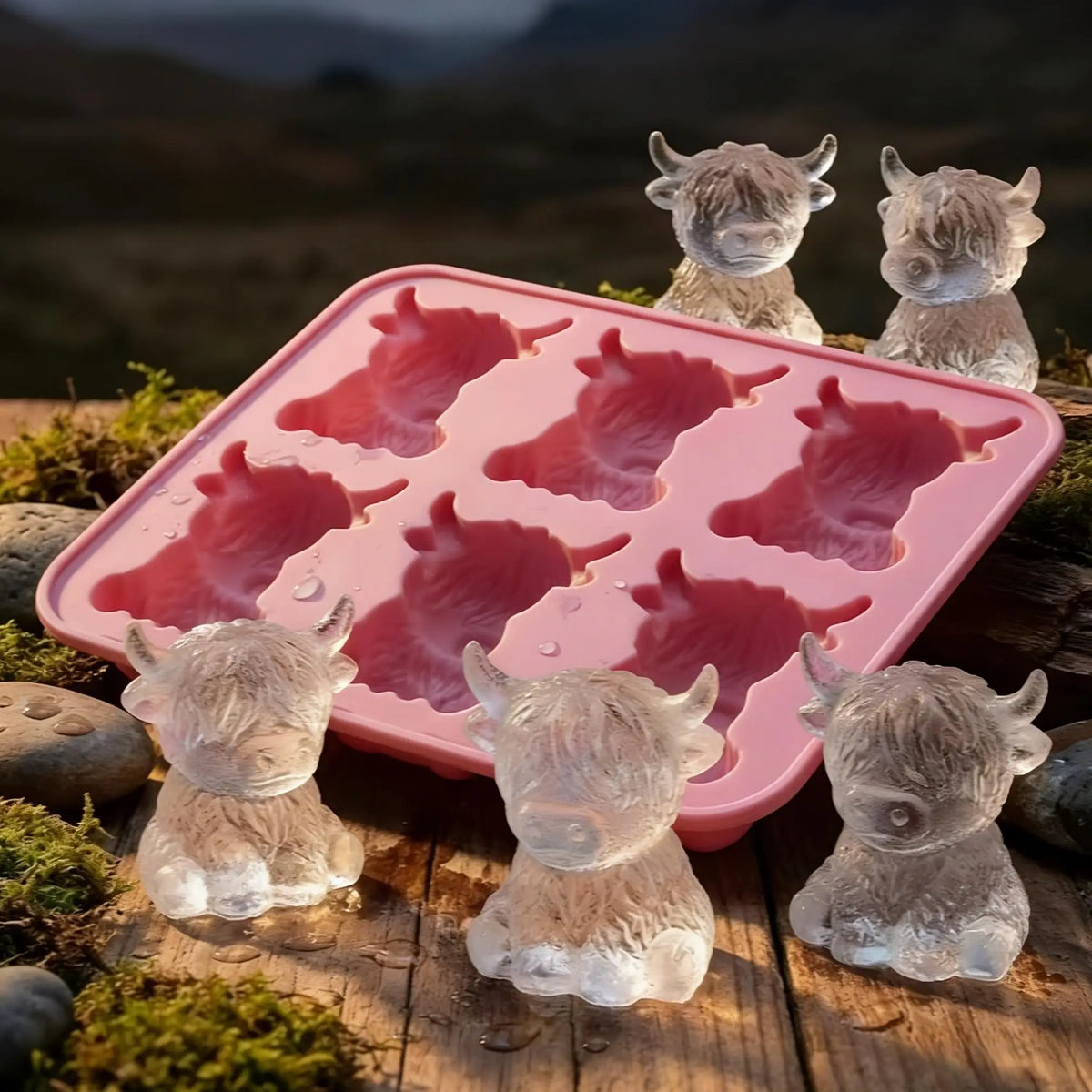 A pink silicone ice cube mold is surrounded by several finished animal-shaped ice cubes on a wooden surface.