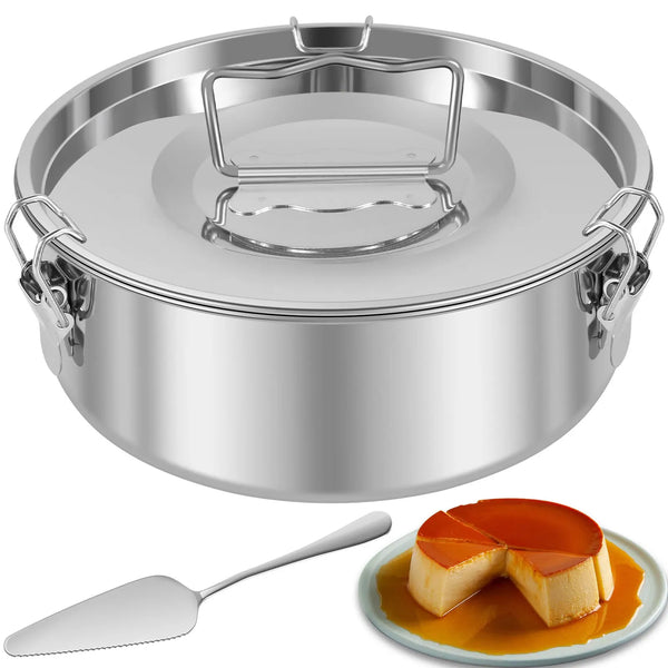 Edelstahl-Flanform-Set mit runder Form und Servierlöffel, das Flan zeigt.