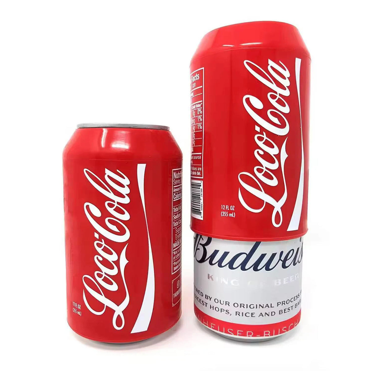Two red beer cans with white text and a logo are shown against a white background.