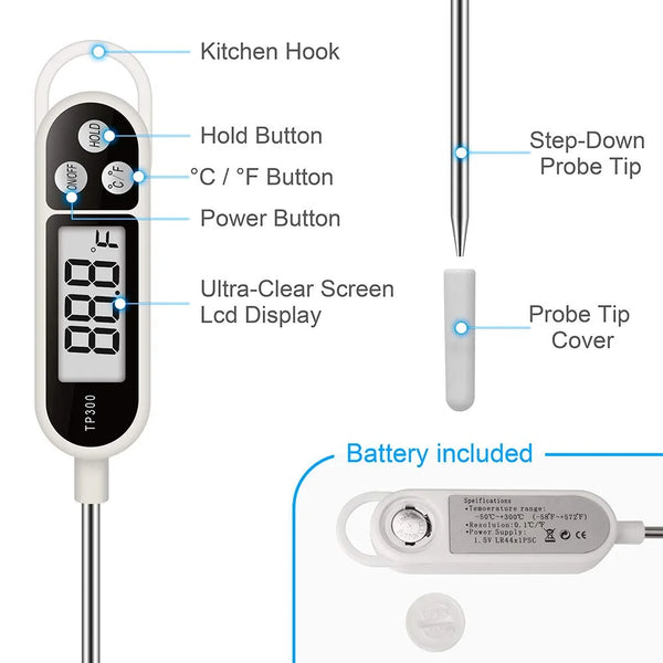 A digital meat thermometer shows various parts including a kitchen hook, hold button, power button, and a step-down probe tip