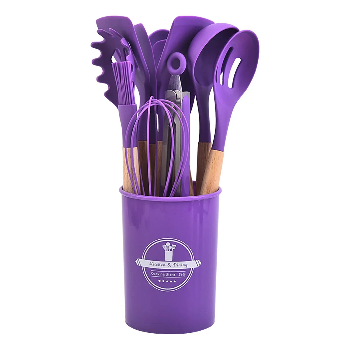 A purple silicone cooking utensil set with various tools like spatulas and brushes stored in a cylindrical container.
