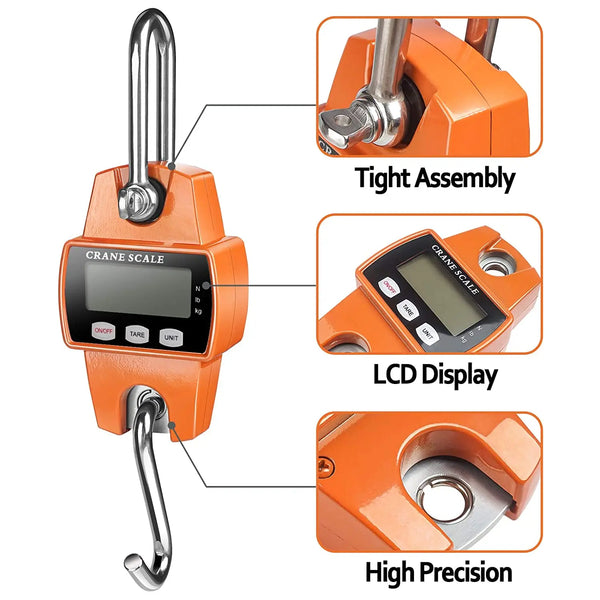 Close-up view of an orange digital crane scale showing tight assembly, LCD display, and high precision features.