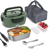 A portable electric heated lunch box set including the main container, a lid, utensils, and a serving tray with food.