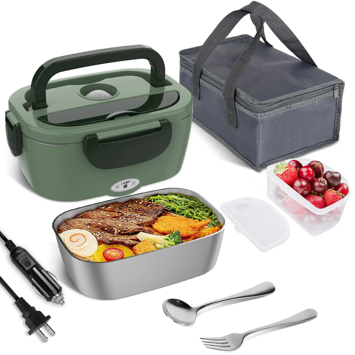 A portable electric heated lunch box set including the main container, a lid, utensils, and a serving tray with food.
