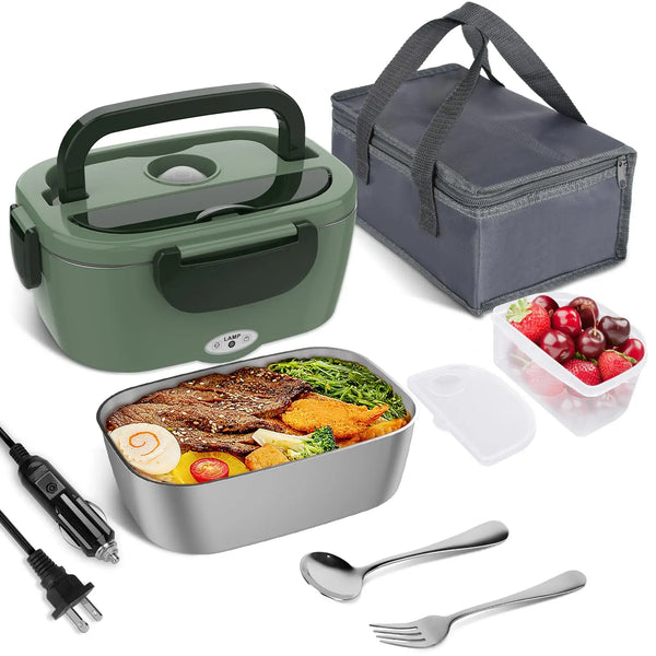 A portable electric heated lunch box set including the main container, a lid, utensils, and a serving tray with food.