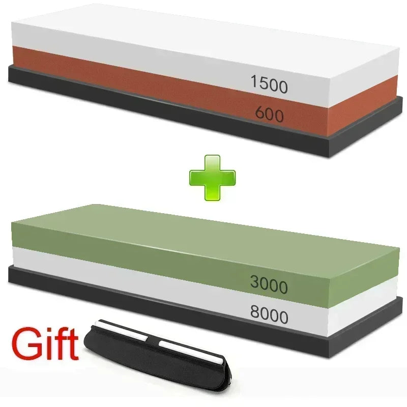A set of multi-grits knife sharpening stones, showing two different sized and graded stones.