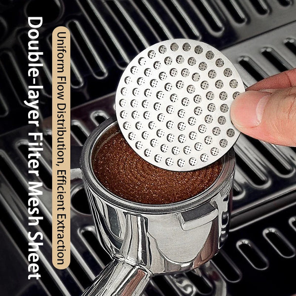 A close-up of a double-layer mesh sheet filter being placed into a stainless steel espresso portafilter.
