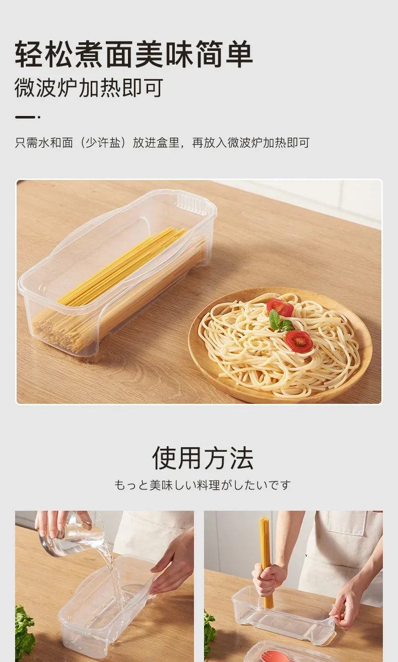 A clear plastic container holds dry noodles, demonstrating the preparation for cooking with a microwave noodle and salad cook