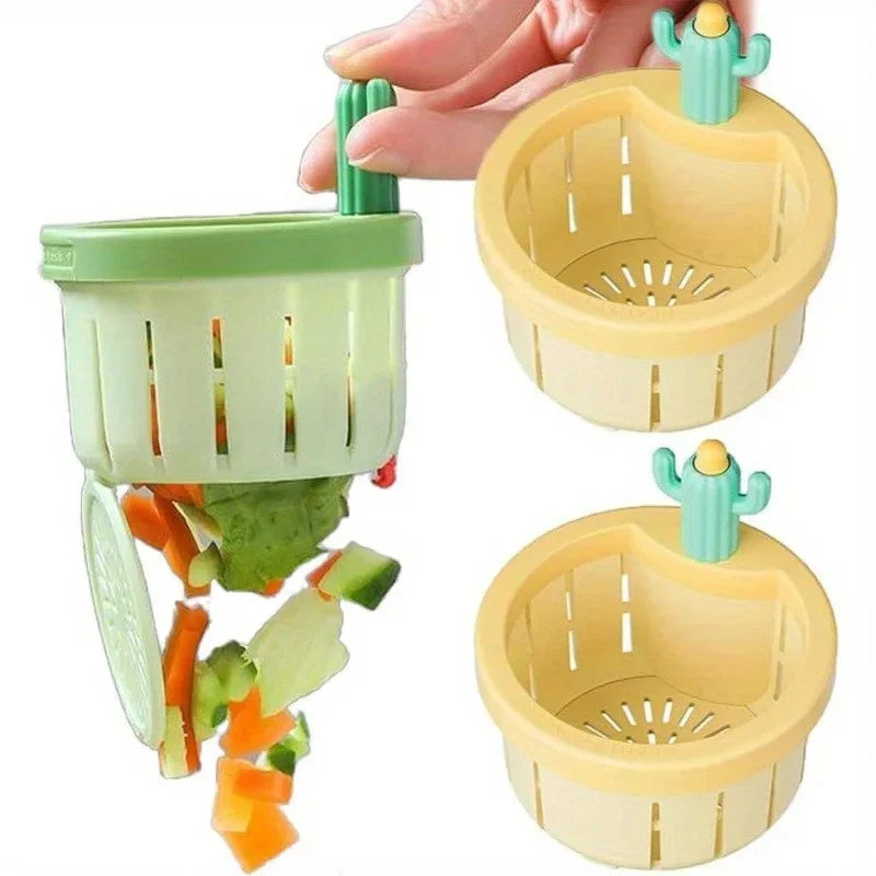 A hand is holding a green plastic strainer with cactus-shaped drainers, showing the product for draining food.