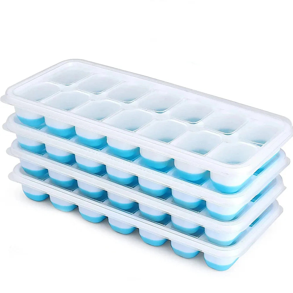 A set of silicone ice cube molds with lids arranged in rows.