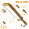 A wooden bread knife with a thick bow handle and a stainless steel slicing blade shown in various detail views.