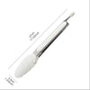 A silver silicone kitchen tong with a white handle shown diagonally.