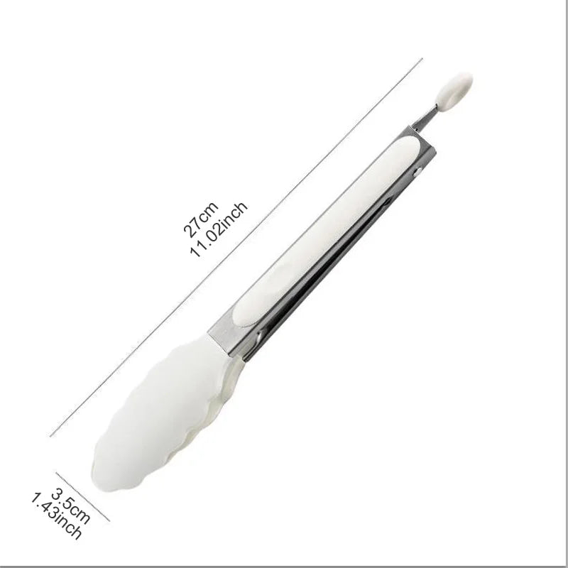 A silver silicone kitchen tong with a white handle shown diagonally.