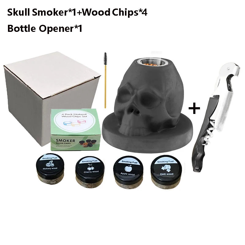 A kit containing a skull smoker, four wood chips, and a bottle opener for smoking cocktails.