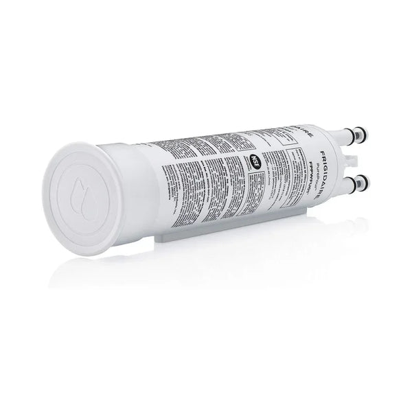 A white refrigerator water filter replacement cartridge for Frigidaire appliances.
