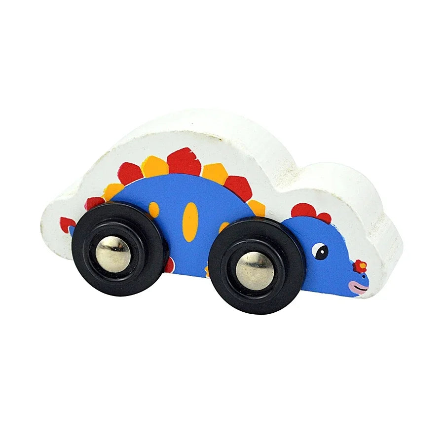 A wooden magnetic train car set featuring a blue body with red accents and black wheels.