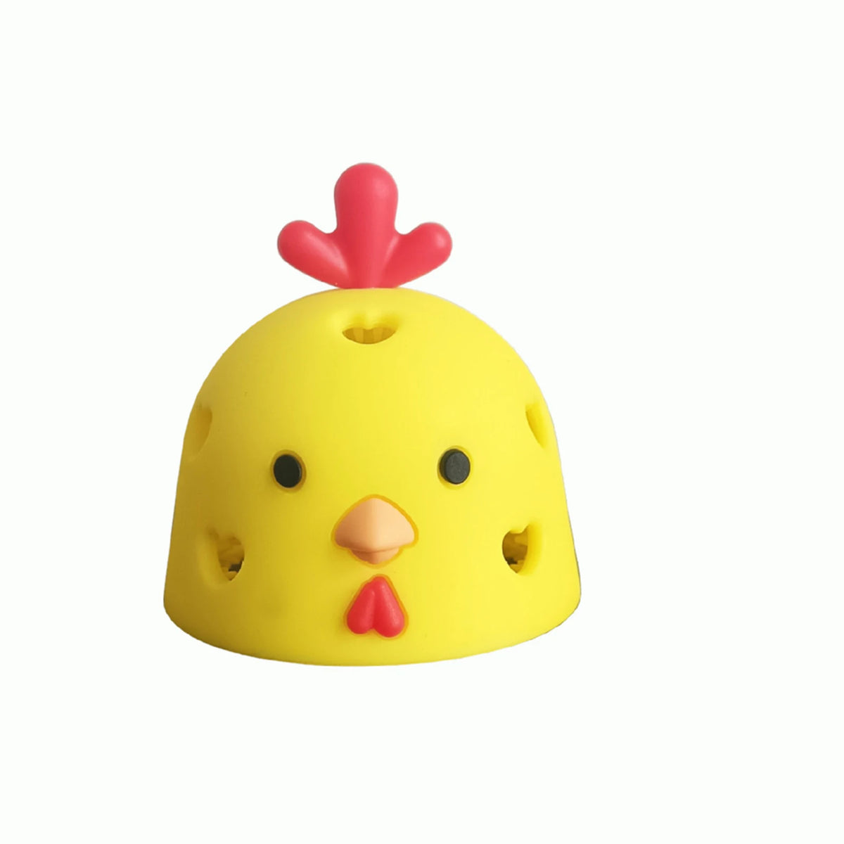A yellow silicone egg cleaning brush with a pink comb attached.