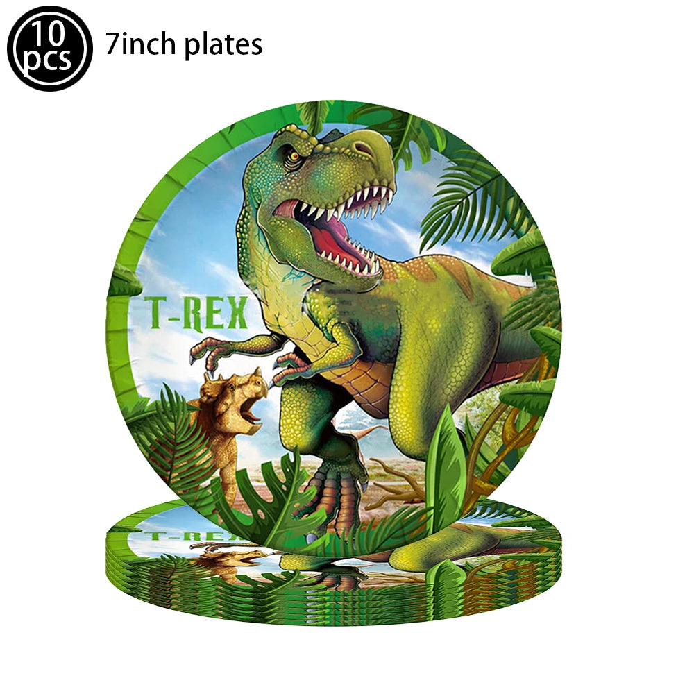 A green Tyrannosaurus Rex dinosaur head illustration on a circular plate.