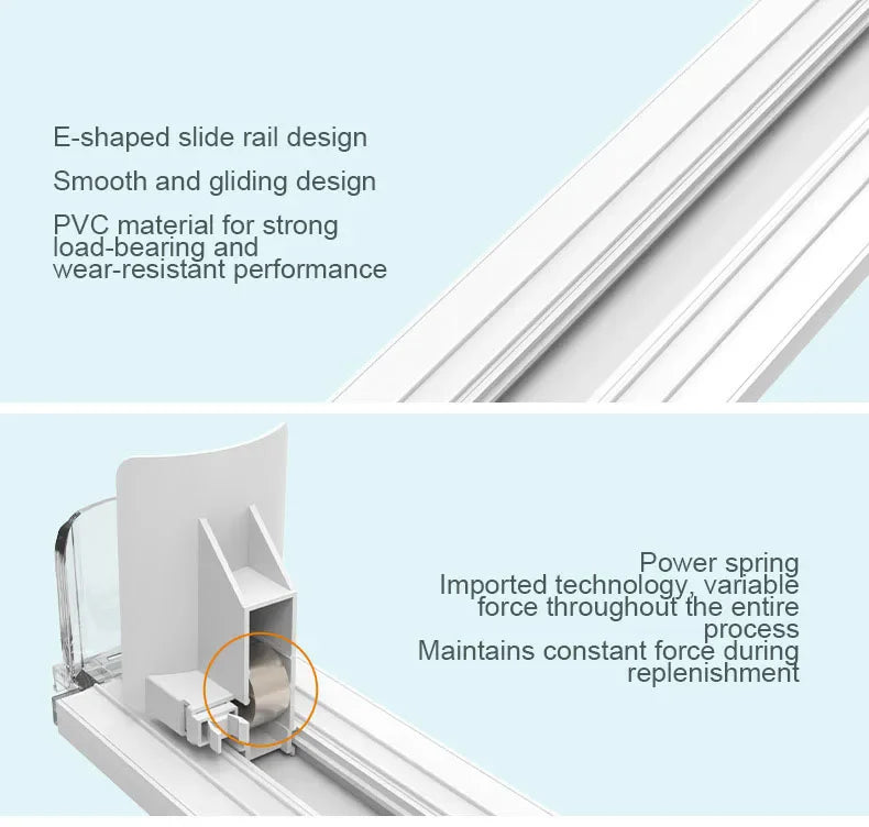 Close-up view of an E-shaped slide rail design for a spring can dispenser used in kitchen or fridge storage.
