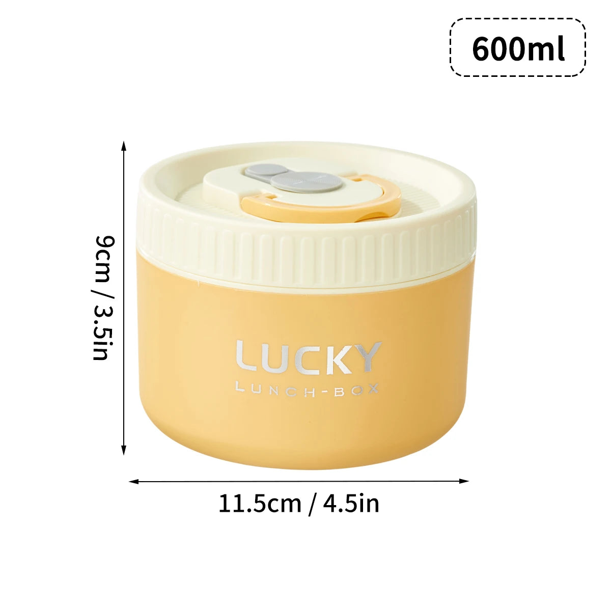 A yellow portable stackable thermal lunch box with a lid and measuring markings.