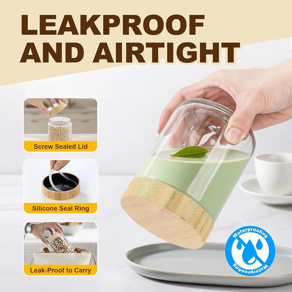 Hand holding an airtight glass jar with a bamboo lid, demonstrating leakproof and airtight storage.
