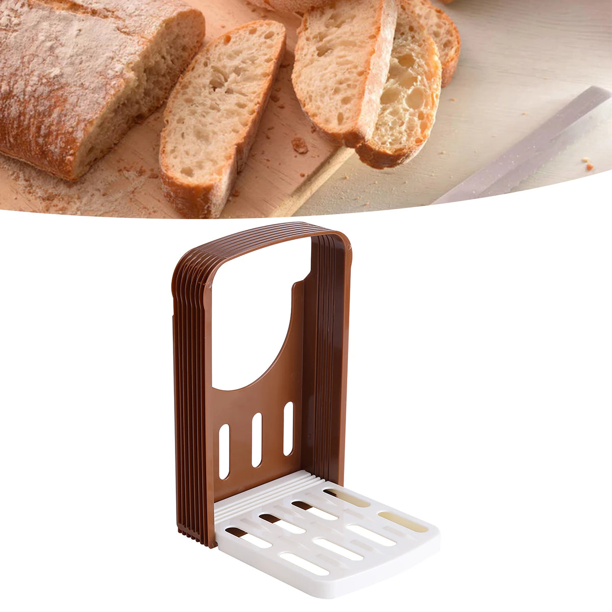 A brown foldable ceramic bread and toast cutter with a slotted plate for slicing bread.
